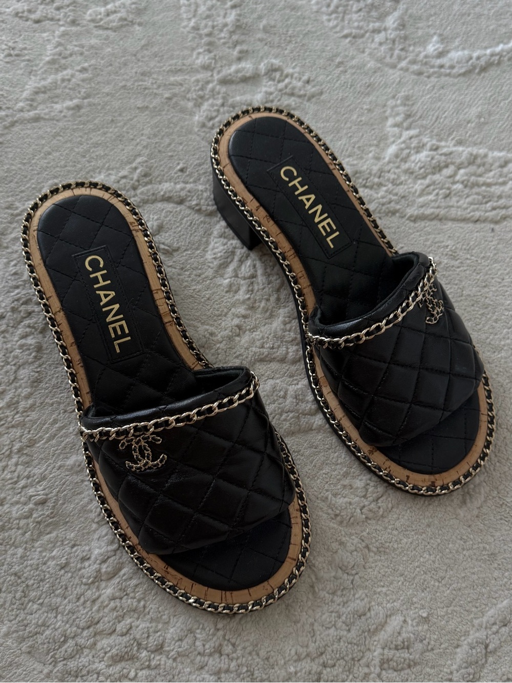 Chanel black quilted leather chain slide